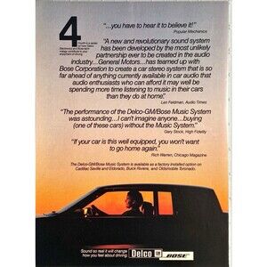 Delco-GM/Bose Music System "New and Revolutionary Sound" Vintage Print Ad 1983